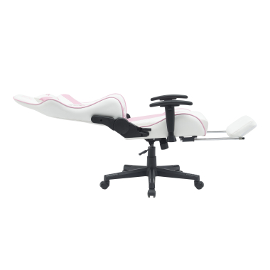 chaise gaming blanc rose epic simil cuir accoudoirs mobiles coussin lombaire et cervical appui tete repose pieds extensible 4