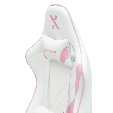 chaise gaming blanc rose epic simil cuir accoudoirs mobiles coussin lombaire et cervical appui tete repose pieds extensible 6