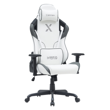 chaise gaming blanc gris hero simil cuir accoudoirs mobiles coussin lombaire et cervical appui tete 1