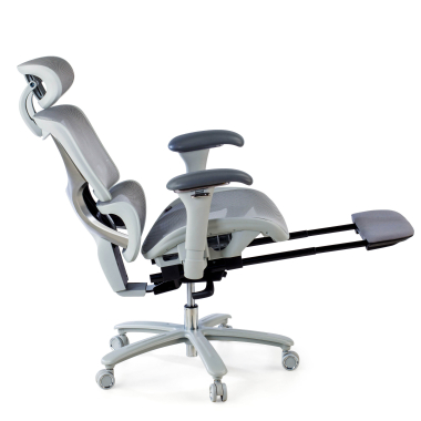 chaise ergonomique blanc gris structure blanche maille accoudoirs reglables 3d appui tete repose pieds extensible 5